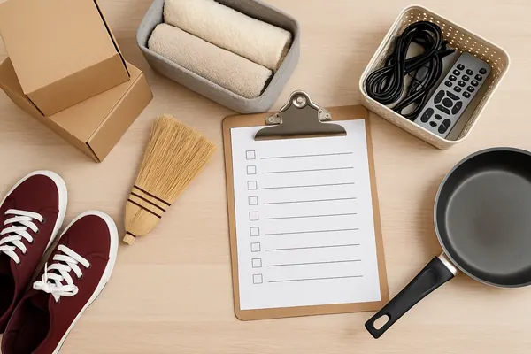 Declutter checklist in progress: labeled keep, donate, and recycle boxes in a bright, tidy apartment living room