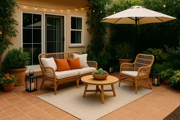 Small apartment patio decorated with an outdoor rug, teak lounge chairs, potted plants and warm string lights