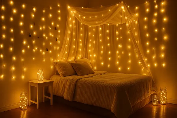 Bedroom with warm fairy lights draped above the bed and glowing behind a sheer canopy