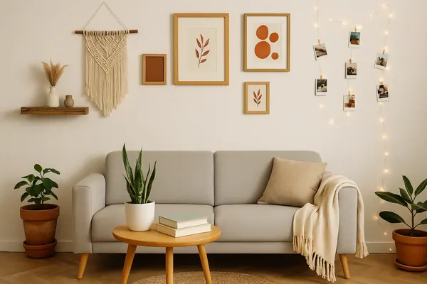Small apartment ideas in action: a bright compact living room with a leggy sofa, large mirror, and floor-to-ceiling shelving