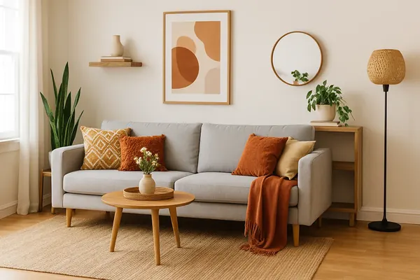 Apartment decorating ideas in a cozy living room with a gray sofa, rust and mustard pillows, abstract art, a round mirror and a jute rug