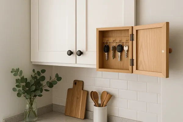 Small apartment kitchen with clear counters, wood cabinets and a discreet wall cabinet, showing apartment kitchen ideas