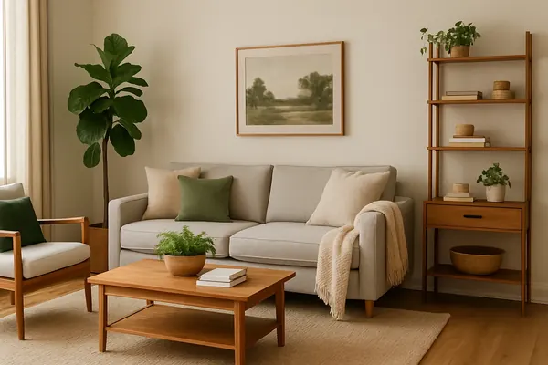 Bright apartment living room with a neutral sofa, layered rug and warm lamps showing apartment living room ideas
