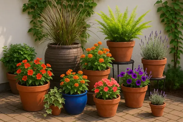 Group of potted plants arranged in three heights on a balcony, with an olive tree, ornamental grass and trailing ivy in matching planters