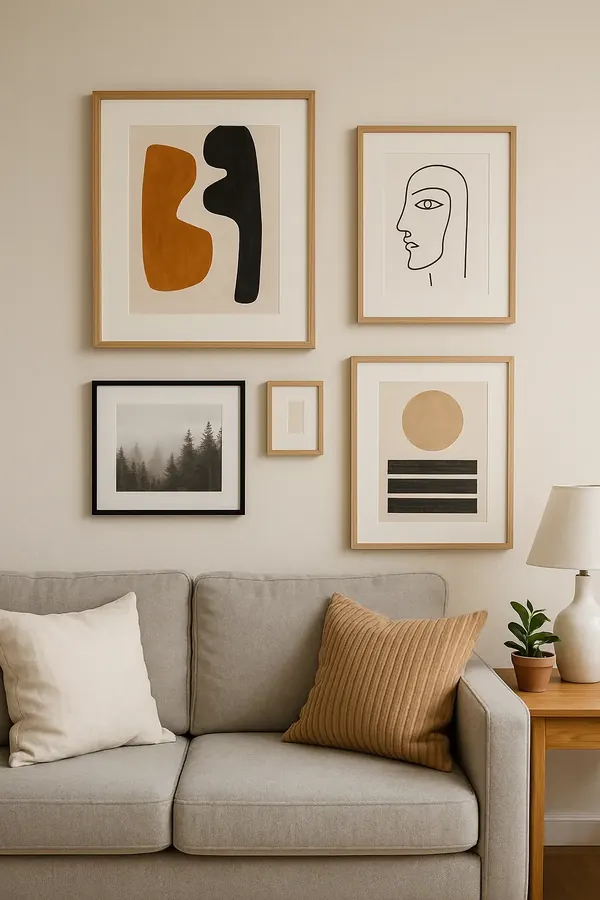 Large framed artwork hung above a sofa at the correct height, illustrating how to hang wall art
