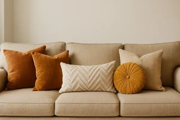 Neutral sofa styled with linen and velvet pillows, showing how to make your apartment look expensive with layered textures