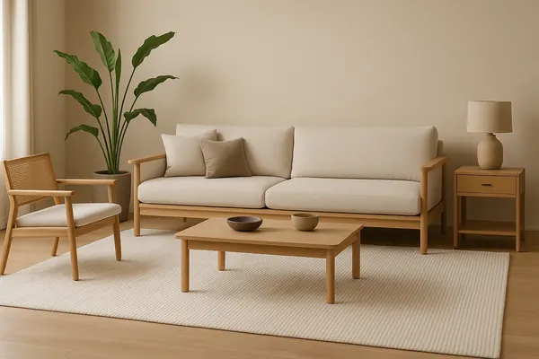 Japandi rug in ivory ribbed wool under a light oak sofa and coffee table in a calm, minimalist living room