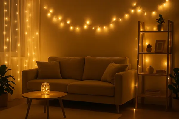 Cozy living room with warm fairy lights glowing along bookshelves and behind sheer curtains