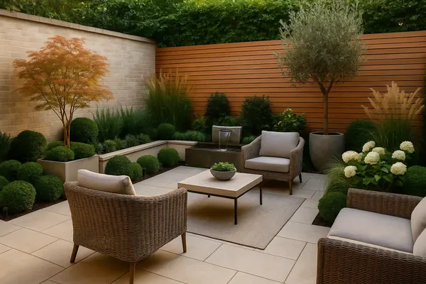 Luxury small garden on an apartment terrace with an olive tree in a charcoal planter, teak bench and warm string lights