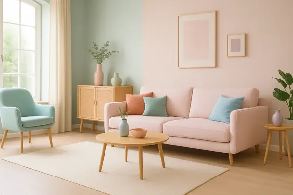 Pastel colors for home shown in a living room with a sage sofa, blush cushions and soft powder blue walls