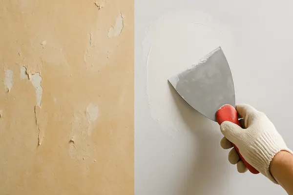 Wall being repaired after wallpaper removal with joint compound spread over sealed drywall using a wide taping knife