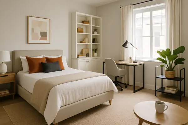 Spare bedroom ideas shown in a guest room office combo with a daybed, a wooden desk by the window, and wall shelves