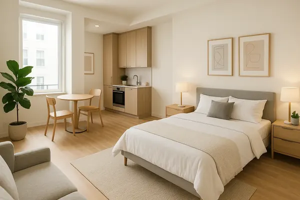 Studio apartment ideas shown in an open-plan studio with a bookcase divider separating the bed from a cozy living area