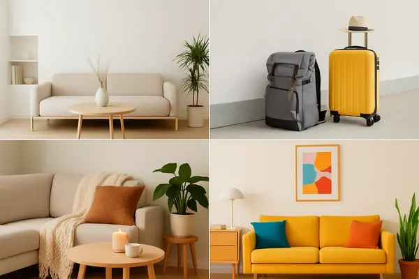 Four types of minimalism shown side by side: a warm neutral living room, travel bags, a cozy candlelit corner and a bold yellow sofa