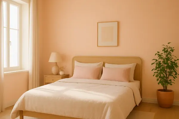 Bedroom painted in a warm pastel peach with linen bedding, oak nightstand and brass lamp