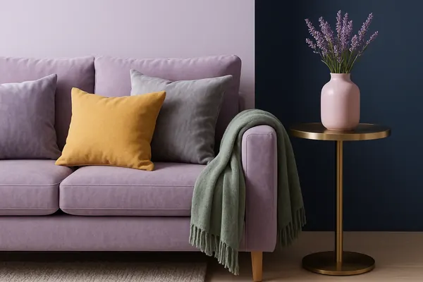 Living room with a dusty lavender velvet sofa, sage cushions, cream walls and brass accents showing what color goes with lavender