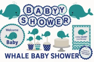 Whale Baby Shower or Birthday Party Decorations - Navy & Teal