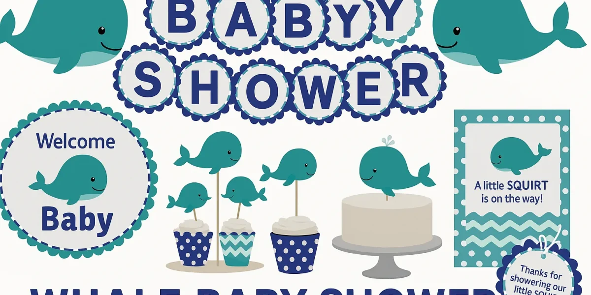 Whale Baby Shower or Birthday Party Decorations - Navy & Teal